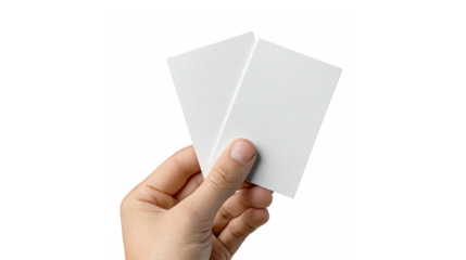 A hand holding two blank white cards against a dark background, ready for customization.