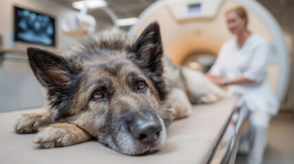 Dog rests on table during MRI scan at veterinary clinic with staff present