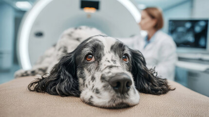 Dog receiving an MRI scan in a veterinary clinic for health examination and diagnosis