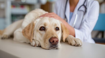 Labrador rests on table at veterinary clinic while being cared for by a vet