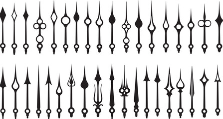 Monochrome vector set of isolated analog clock components including hour and minute hand pairs, time pointers and watch arrows in various shapes and sizes for accurate timekeeping eps