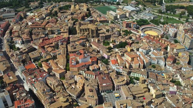 An Aerial panoramic view of the old town of the city Huesca on a sunny summer noon in Spain.