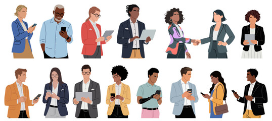 Obraz premium Set of diverse business people using phones and tablets, modern corporate style with clean lines and solid colors.Flat minimalist vector illustration isolated on transparent background