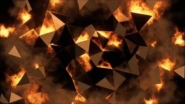 Geometric polygon fire burst exploding outward forming a fragmented dynamic abstract energy composition