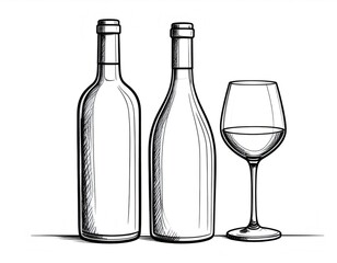 Wine bottles, one full glass, and one empty glass presented in a minimalist line art style on an isolated white background