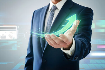 Businessman in blue suit presenting green upward arrow on hand with futuristic background