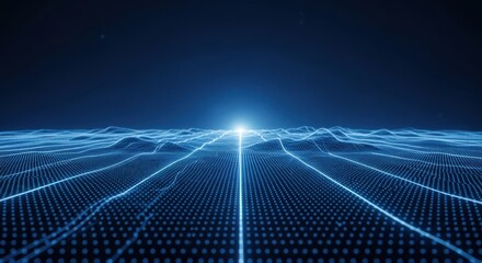 Abstract digital landscape of glowing blue data points and lines, representing network or technology