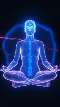 Mindfulness meditation, digital female figure achieves deep concentration as blue energy flows down the spine, visualizing amygdala deactivation