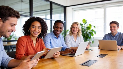 Diverse office workers collaborating