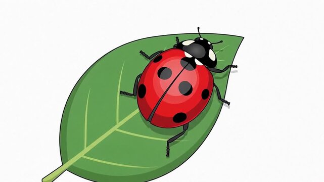 Cartoon Ladybug Resting on Bright Green Leaf in Colorful Illustration.