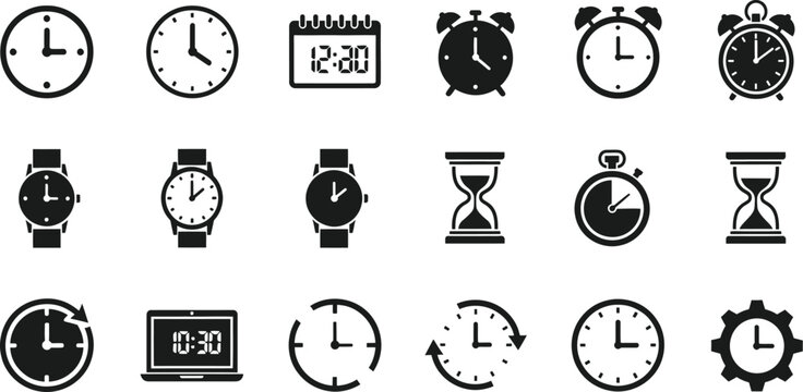 collection of clock and watch icons on white background
