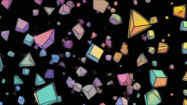 Hand drawn cartoon polygons and playful geometric shapes exploding into dynamic motion