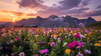Obraz premium Vibrant wildflowers in full bloom under a breathtaking mountain sunset sky high quality professional detailed modern elegant stylish clean crisp colorful