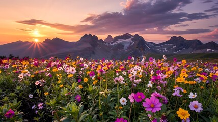 Vibrant wildflower field in full bloom at sunset with majestic mountain range high quality professional detailed modern elegant stylish clean crisp