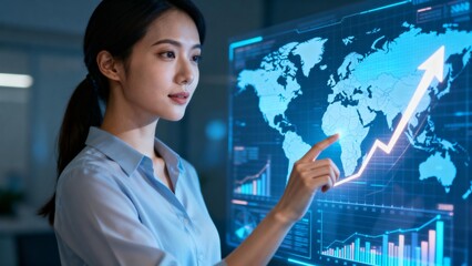 Woman interacting with digital world map and data