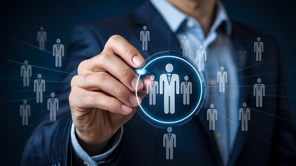 Businessman interacting with digital human network interface on screen high quality professional detailed modern elegant stylish clean crisp vibrant colorful creative