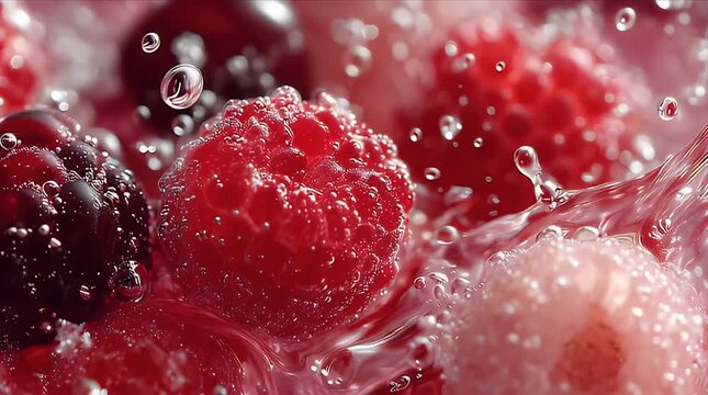 赤と黒のベリー類が炭酸水の中で泡立ち飛散する、リフレッシュメント広告のためのマクロ映像