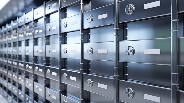 Rows of metallic safe deposit boxes in a secure storage facility environment high quality professional detailed modern elegant stylish clean crisp
