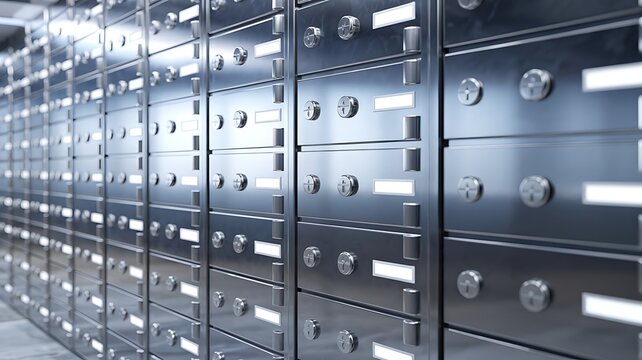 A large wall of metal safe deposit boxes in a bank vault storage high quality professional detailed modern elegant stylish clean