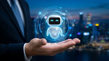 A man in a suit holding a glowing robot in his hand high quality professional detailed modern elegant stylish clean crisp