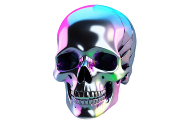 Colorful skull sculpture displaying shiny reflective surface in art display