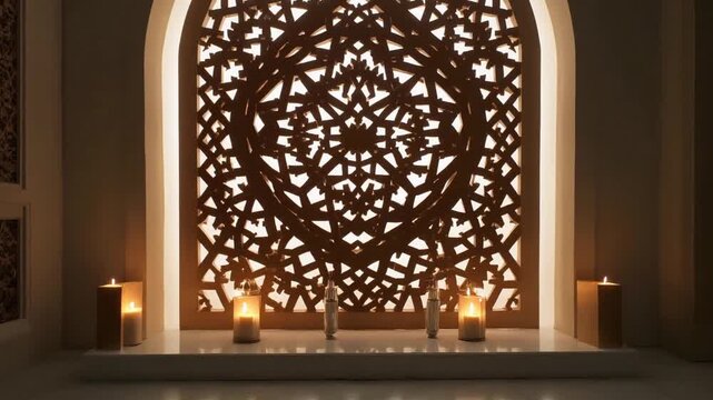 Islamic Geometric Arch Panel with Candles and Warm Ambient Light