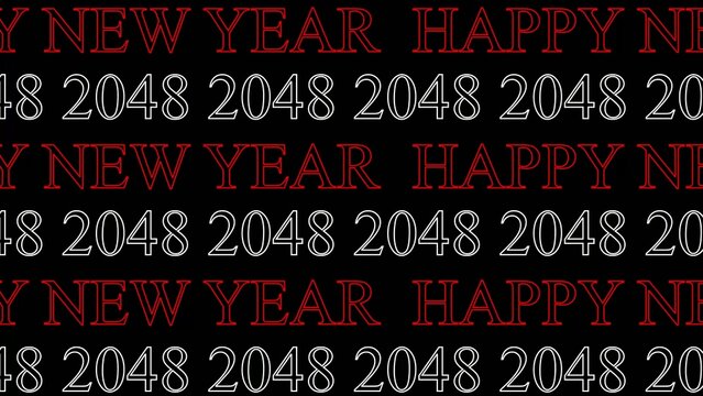 Repeated Happy New Year 2048 text pattern in red and Generate title without using the word "Title:" before it. white on black background