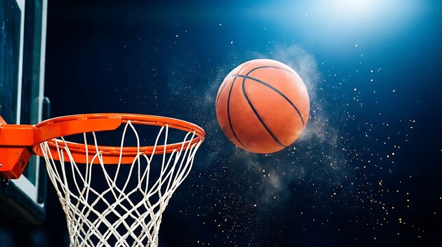 A basketball goes through a hoop with a bright light shining down on it high quality professional detailed modern elegant stylish