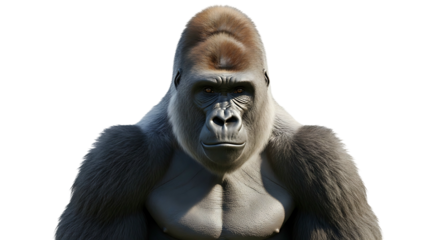 Majestic gorilla stares intently showcasing strength and power front view.