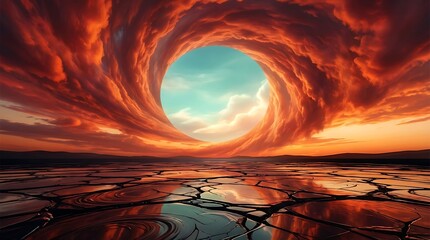 A dramatic depiction of a fiery vortex opening towards a bright serene sky above a cracked earth landscape high quality professional