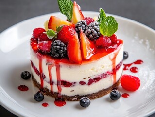 Delicious Homemade Fruit Cake Topped with Fresh Berries and Seasonal Fruits