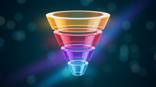 A vibrant colorful funnel shape glows against a dark blurred background illustrating a process of filtering or reduction high quality professional