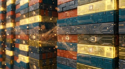 A vibrant digital landscape of stacked glowing blocks with intricate circuitry patterns resembling futuristic building architecture high quality professional detailed modern