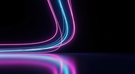 Abstract futuristic neon light trails curving in a dark space with reflections on a glossy surface
