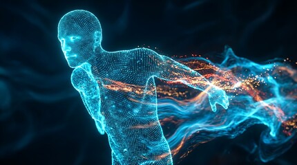 A futuristic depiction shows a glowing translucent human figure constructed from interconnected data points and energy flows high quality professional detailed
