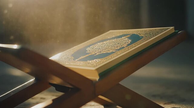 Holy Quran on Wooden Rehal with Warm Light and Dust Particles