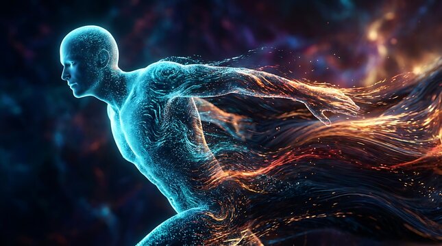 A dynamic illustration depicts a human form transitioning between energy and matter showcasing speed and a fiery ethereal quality high quality