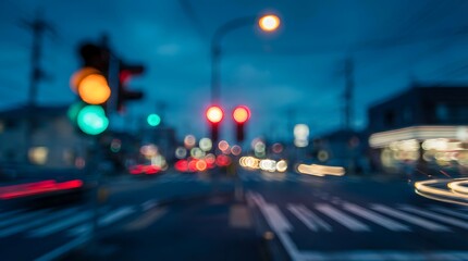 A blurry nighttime city street scene featuring traffic lights pedestrian crossing and distant vehicle lights creating a soft glow high quality
