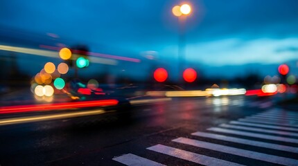 A blurry nighttime city street scene with streaks of red and orange lights from moving vehicles and traffic signals high quality