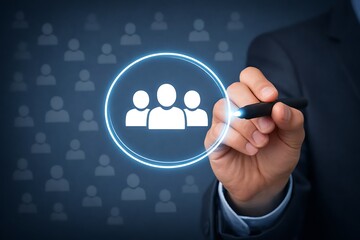 A person is using a pen to highlight a group of people icons in a digital network high quality professional detailed