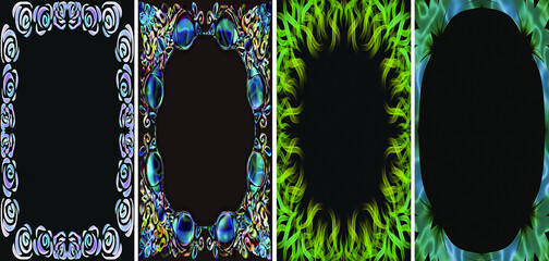 Set of Vertical Abstract Frames with Vibrant Neon Borders on Black Background, Hand-Drawn Digital Illustrations with Ornate Glowing Textures and Copy Space