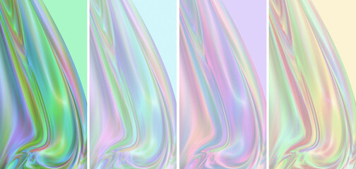Set of Vertical Neon Abstract Backgrounds with Fluid Iridescent Shapes, Hand-Drawn Liquid Crystal Textures and Holographic Ethereal Light.