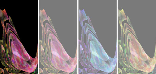 Set of Vertical Abstract Frames with Diagonal Luminous Shapes on Dark Background, Hand-Painted Iridescent Textures and Ethereal Light Effects with Large Copy Space.