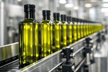 A detailed view of glass bottles filled with golden liquid moving along a stainless steel conveyor belt in a factory