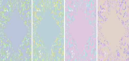 Set of Vertical Vintage Damask Frames on Soft Pastel Backgrounds, Hand-Drawn Digital Floral Patterns with Elegant Symmetrical Copy Space for Stationery