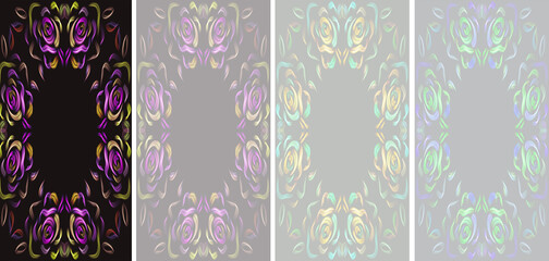 Set of Vertical Floral Abstract Frames on Dark Background, Hand-Painted Glowing Rose Ornaments with Vibrant Neon Outlines and Central Copy Space