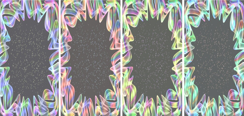 Set of Vertical Luminescent Abstract Frames on Dark Grey Background, Hand-Drawn Glowing Smoke Borders with Stardust Textures and Copy Space