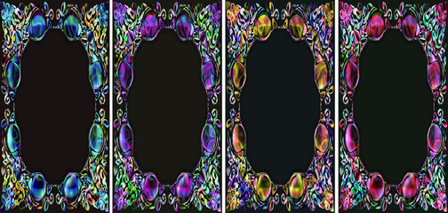 Set of Vertical Abstract Frames with Vibrant Neon Borders on Black Background, Hand-Drawn Digital Illustrations with Ornate Glowing Textures and Copy Space