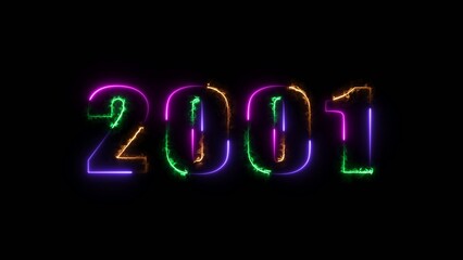 Sparkling multicolor glowing year 2001 on dark Generate title without using the word "Title:" before it. background with vibrant pink green and orange outlines