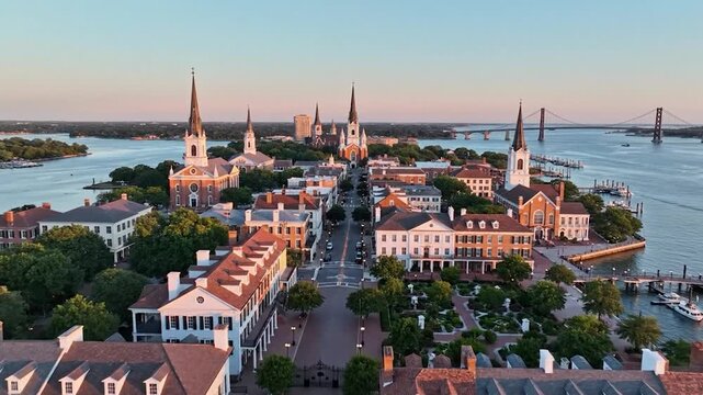 Golden hour aerial historic city, church spires, classic buildings, waterfront, distant bridge